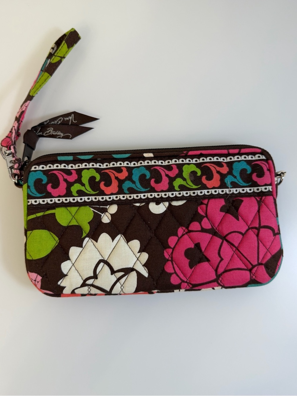 Vera Bradley Quilted Floral Wristlet in Brown, Pink & Green